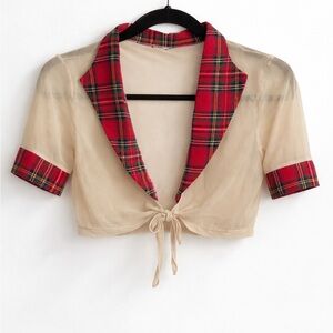 Sheer Tie-Front Camisole with Red Plaid Trim